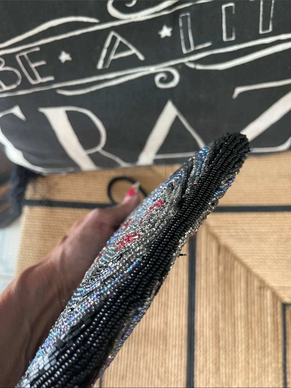 Beaded Black Multi Crossbody Bag with Red & Blue Accents